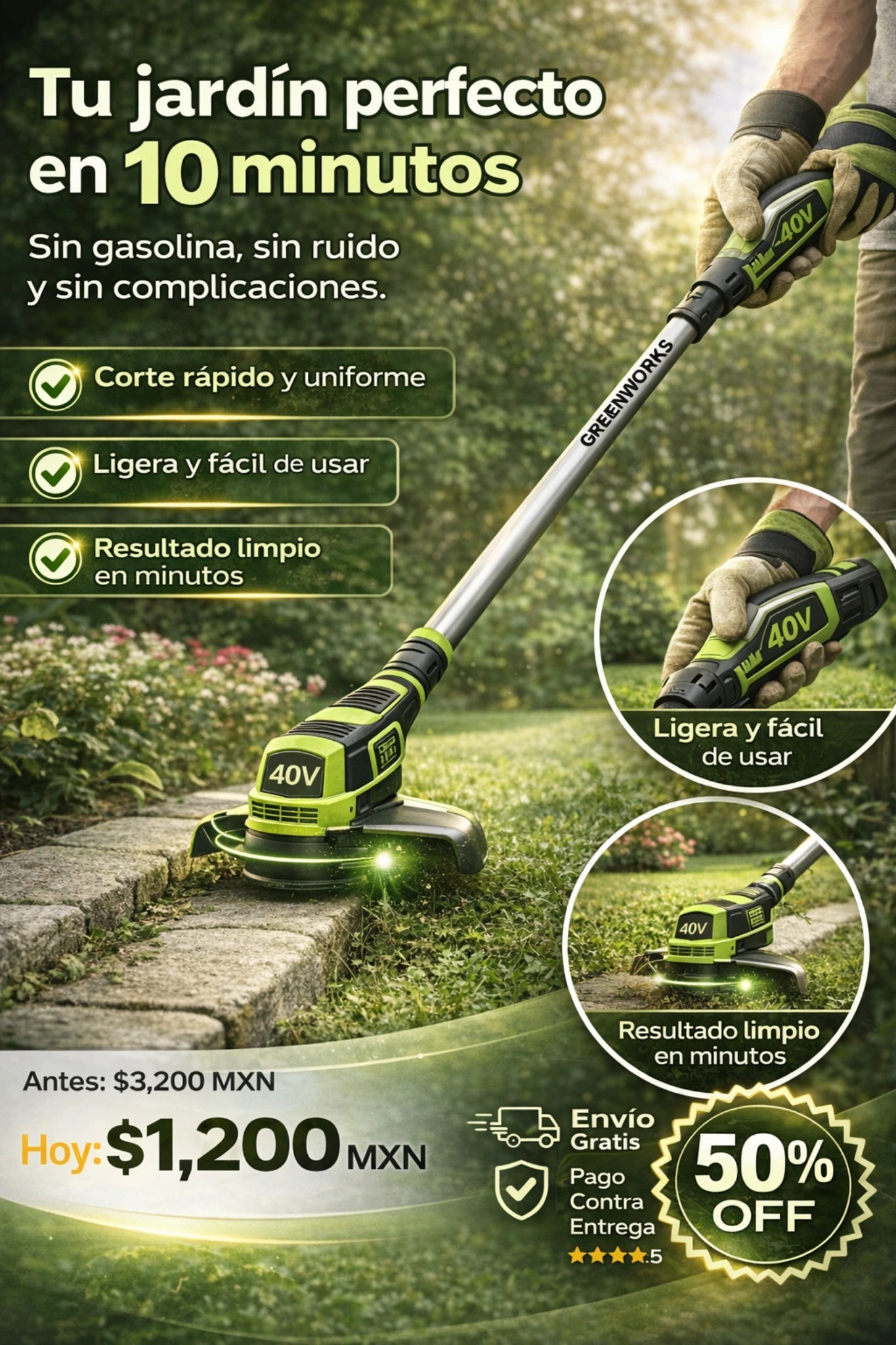 Cortadora de Cesped - Green Works 40v + 12 accesorios